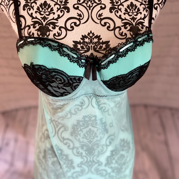 WOMEN'S SIZE LARGE CHEMISE LINGERIE SEA FOAM GREEN BLACK TRIM - Picture 2 of 8